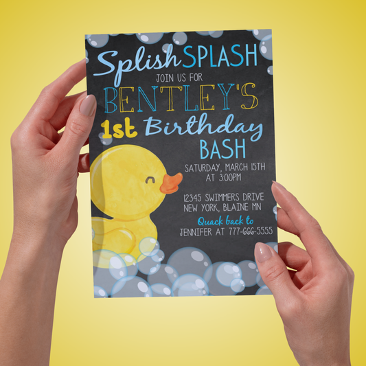 Splish Splash Rubber Duck Chalkboard Birthday Invitation | EDITABLE DIGITAL DOWNLOAD
