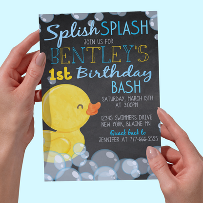 Splish Splash Rubber Duck Chalkboard Birthday Invitation | EDITABLE DIGITAL DOWNLOAD