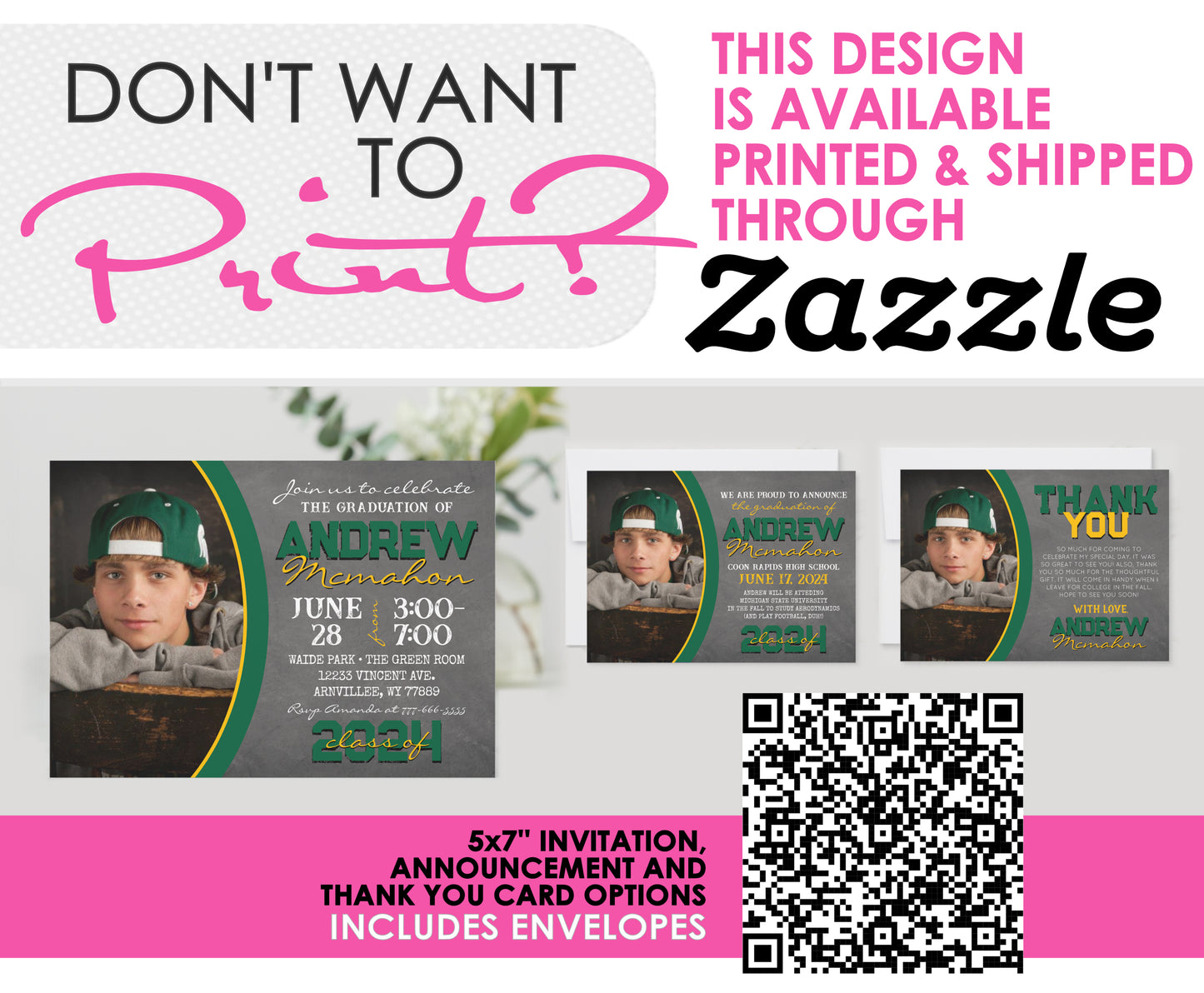 Green & Gold Graduation Chalkboard Photo Invitations | EDITABLE DIGITAL DOWNLOAD