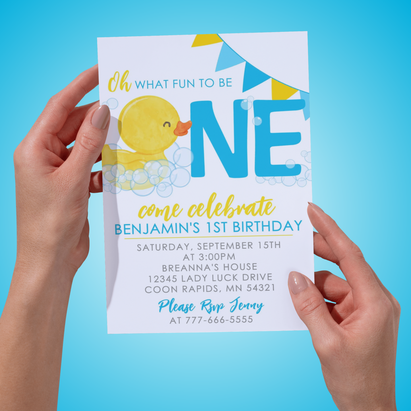 Rubber Duck Fun to be One Birthday Invitation | EDITABLE DIGITAL DOWNLOAD