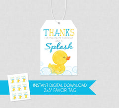 Rubber Duck Birthday Favor Tag - INSTANT DOWNLOAD - Duckie Birthday, Ducky Favor Tags, Thank You, Any Age, Rubber Duckie, Splash, Boy