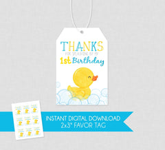 Rubber Duck Birthday Favor Tag - INSTANT DOWNLOAD - Duckie Birthday, Ducky Favor Tags, Thank You, 1st Birthday, Rubber Duckie, Boy, Splash