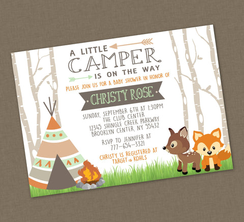 Woodland Baby Shower Invitation - EDITABLE INSTANT DOWNLOAD - Little Camper Shower Invite, Woodland Baby Shower, Forest Animals, Teepee, Fox