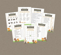 Woodland Baby Shower Game Pack- INSTANT DOWNLOAD - Woodland Shower Games, Little Camper Shower Games, Animals, Fox, Deer, Teepee, Tent