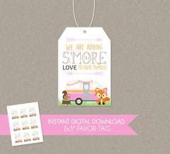 S'more Love Girl Woodland Baby Shower Favor Tag -INSTANT DOWNLOAD- Smore Favor Tag, Woodland S'more Tag, Woodlands, Fox, RV, Camper, Pink