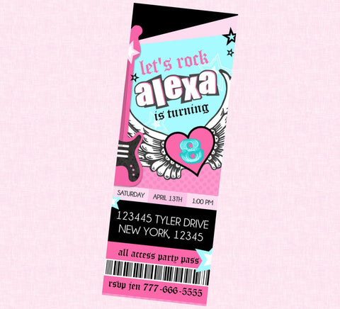 Rocker Girl Ticket Birthday Invite, Girly Rockstar Birthday, Rockstar Birthday Invitation, Rock Star Birthday, Rockstar Party Invites