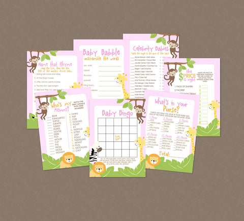 Sweet Safari Baby Shower Game Pack - INSTANT DOWNLOAD - Jungle Shower Games, Safari Baby Shower, Jungle Baby Games, Animals, Zoo, Pink