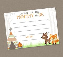 Woodland Baby Shower Advice For Mommy Cards - INSTANT DOWNLOAD - Advice Cards, Forest Animals, Fox, Deer, Little Camper, Teepee