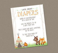 Woodland Late Night Diaper Advice Sign - INSTANT DOWNLOAD - Woodland Baby Shower, Little Camper, Diaper Advice, Forest Animals, Teepee, Tent