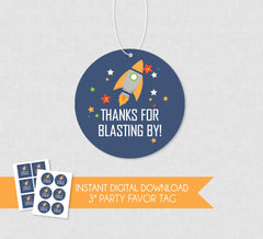 Outer Space Thank You Favor Tag - INSTANT DOWNLOAD - Space Birthday Tags, Grey Rocket, Thanks For Blasting By, Thank You Tag