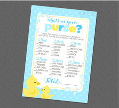 Rubber Duck What's In Your Purse Baby Shower Game - INSTANT DOWNLOAD - Duck Shower Games, Rubber Ducky Baby Shower, Purse Game, Duckie