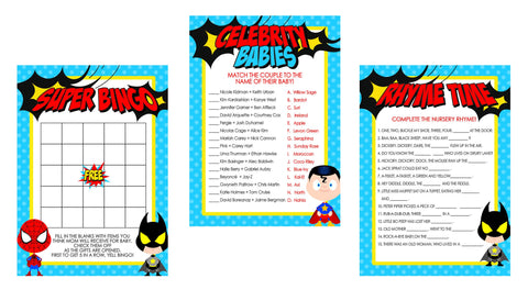 Superhero Baby Shower Game Pack - INSTANT DOWNLOAD - Super Hero Shower Games, Superhero Baby Shower, Bingo, Price Is Right & More