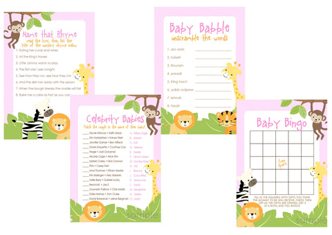 Sweet Safari Baby Shower Game Pack - INSTANT DOWNLOAD - Jungle Shower Games, Safari Baby Shower, Jungle Baby Games, Animals, Zoo, Pink