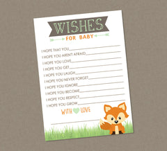 Woodland Baby Shower Wishes For Baby Printable Cards - INSTANT DOWNLOAD - Well Wishes, Fox, Woodland Animals, Little Camper, Fox Baby Shower