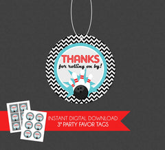 Retro Bowling Thank You Favor Tag - INSTANT DOWNLOAD - Bowling Birthday Tags, Thanks For Rolling On By, Bowling Party Thank You Tags