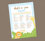 Safari What's In Your Purse Baby Shower Game - INSTANT DOWNLOAD - Jungle Shower Games, Safari Baby Shower, Purse Game, Zoo Animals