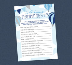 Who Knows Mommy Best Baby Shower Game - INSTANT DOWNLOAD- Balloon Baby Shower Games, Hot Air Balloon, Baby Shower, Boy, Blue