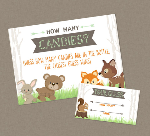 Woodland Guess How Many Candies Shower Game - INSTANT DOWNLOAD - Woodland Baby Shower Games, Forest Animals, Candy Guess Game, Fox