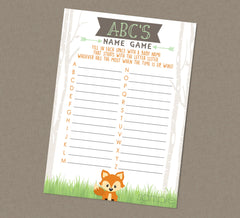 Woodland ABC Baby Name Shower Game - INSTANT DOWNLOAD - Woodland Baby Shower Games, Baby Name Game, Fox Shower Game