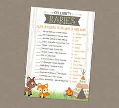 Woodland Celebrity Babies Shower Game - INSTANT DOWNLOAD- Woodland Shower Games, Little Camper, Celebrity Baby Names, Tent, Teepee, Deer