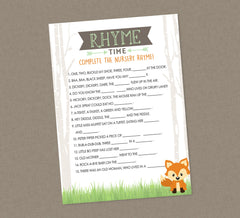 Woodland Nursery Rhyme Shower Game - INSTANT DOWNLOAD - Woodland Baby Shower Games, Fox, Nursery Rhyme Baby Game, Forest Animals