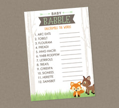 Woodland Baby Word Unscramble Shower Game - INSTANT DOWNLOAD- Woodland Shower Games, Forest Animals, Baby Babble, Unscramble, Fox, Deer