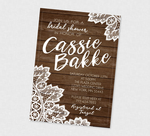 Rustic Lace Shower Invitation - EDITABLE INSTANT DOWNLOAD - Bridal Shower, Baby Shower, Wood, Rustic, Wood and Lace, Barn, Wedding, Lace