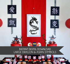 Ninja Dragon Poster and Asian Symbols Printable Wall Art - INSTANT DOWNLOAD - Ninja Party Decorations, Asian Party Decor, Ninja Birthday