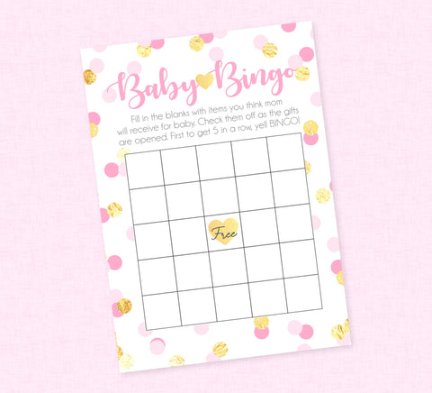 Pink & Gold Confetti Baby Shower Bingo - INSTANT DOWNLOAD - Baby Girl Shower Games, Baby Shower Bingo, Gift Bingo, Pink, Gold, Girl