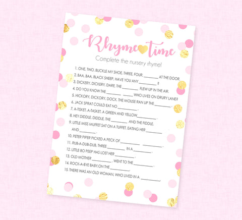 Pink & Gold Confetti Nursery Rhyme Shower Game - INSTANT DOWNLOAD - Girl Baby Shower Games, Nursery Rhymes Baby Game, Pink, Gold