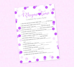 Purple Confetti Nursery Rhyme Shower Game - INSTANT DOWNLOAD - Purple Baby Shower Games, Nursery Rhymes Baby Game, Shades of Purple