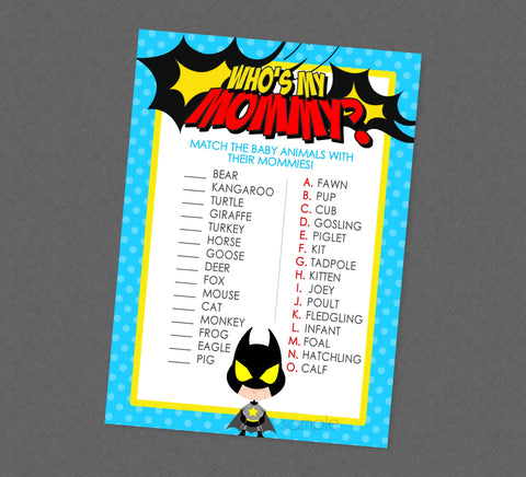 Superhero Baby Animal Match Shower Game - INSTANT DOWNLOAD - Superhero Shower Games, Who's My Mommy, Super Hero, Baby Superheroes