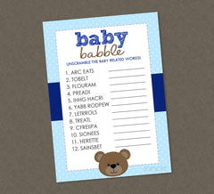 Teddy Bear Baby Word Unscramble Shower Game - INSTANT DOWNLOAD - Teddy Bear Shower Games, Baby Babble, Unscramble, Blue & Brown