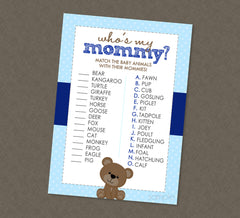 Teddy Bear Baby Animal Match Shower Game - INSTANT DOWNLOAD - Teddy Bear Shower Games, Who's My Mommy, Blue & Brown