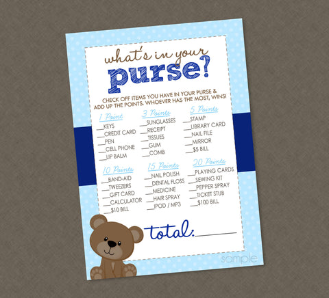 Teddy Bear What's In Your Purse Baby Shower Game - INSTANT DOWNLOAD - Teddy Bear Shower Games, Purse Game, Blue & Brown