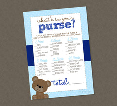 Teddy Bear What's In Your Purse Baby Shower Game - INSTANT DOWNLOAD - Teddy Bear Shower Games, Purse Game, Blue & Brown