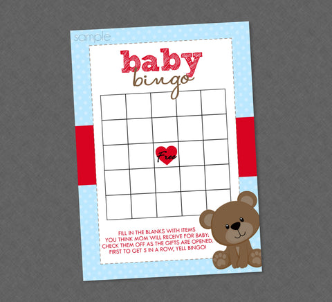 Teddy Bear Baby Shower Bingo - INSTANT DOWNLOAD - Bear Shower Games, Baby Bingo, Teddy Bear Baby Shower, Gift Bingo, Blue & Red