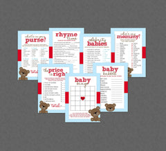 Teddy Bear Baby Shower Games Party Pack of 7 + Answer Keys - INSTANT DOWNLOAD - Teddy Bear Baby Shower, Bear Baby Shower Games, Red & Blue