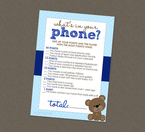 Teddy Bear What's In Your Phone Baby Shower Game - INSTANT DOWNLOAD - Teddy Bear Shower Games, Bear, Phone Game, Blue