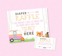 Pink RV Camper Baby Shower Diaper Raffle - INSTANT DOWNLOAD - Rv Camper, Diaper Raffle, Woodland, Camper, Forest Animals, Pink, Girl