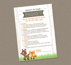 Woodland What's In Your Phone Baby Shower Game - INSTANT DOWNLOAD - Woodland Shower Games, Fox, Deer, Phone Game, Forest Animals