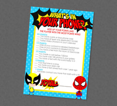 Superhero What's In Your Phone Shower Game - INSTANT DOWNLOAD - Superhero Baby Shower Games, Phone Game, Super Hero, Superheroes