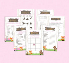 Pink Little Camper Baby Shower Game Pack - INSTANT DOWNLOAD - Woodland Baby Shower Games, RV Camper, Pink, Forest Animals, Girl