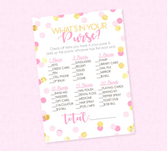 Pink & Gold Confetti What's In Your Purse Baby Shower Game - INSTANT DOWNLOAD - Baby Girl Shower Games, Pink Baby Shower, Purse Game, Girl