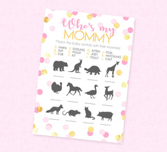 Pink & Gold Confetti Baby Animal Match Shower Game - INSTANT DOWNLOAD - Girl Baby Shower Games, Who's My Mommy, Girl, Pink, Gold