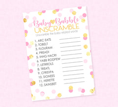 Pink & Gold Confetti Baby Word Unscramble Shower Game - INSTANT DOWNLOAD- Girl Baby Shower Games, Baby Babble, Unscramble, Pink, Gold