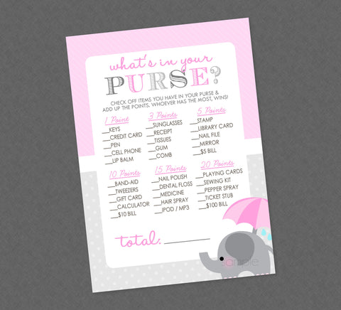 Pink Elephant What's In Your Purse Baby Shower Game - INSTANT DOWNLOAD - Girl Elephant Shower Games, Purse Game, Pink