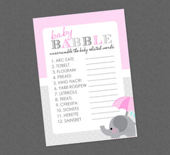 Pink Elephant Baby Word Unscramble Shower Game - INSTANT DOWNLOAD - Pink Elephant Shower Games, Baby Babble, Unscramble, Girl