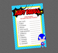 Superhero Baby Word Unscramble Shower Game - INSTANT DOWNLOAD- Superhero Shower Games, Super Hero, Baby Babble, Unscramble