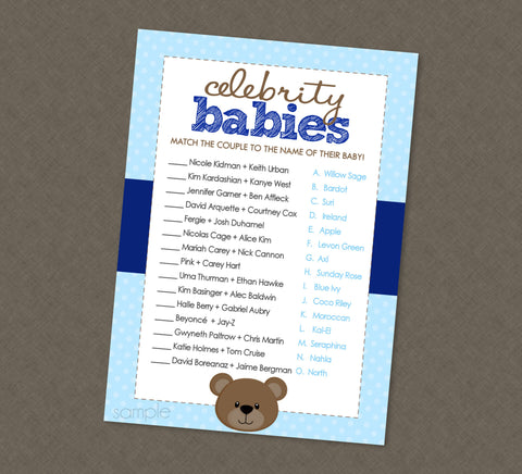 Teddy Bear Celebrity Babies Shower Game - INSTANT DOWNLOAD - Bear Baby Shower Games, Celebrity Baby Names, Blue & Brown